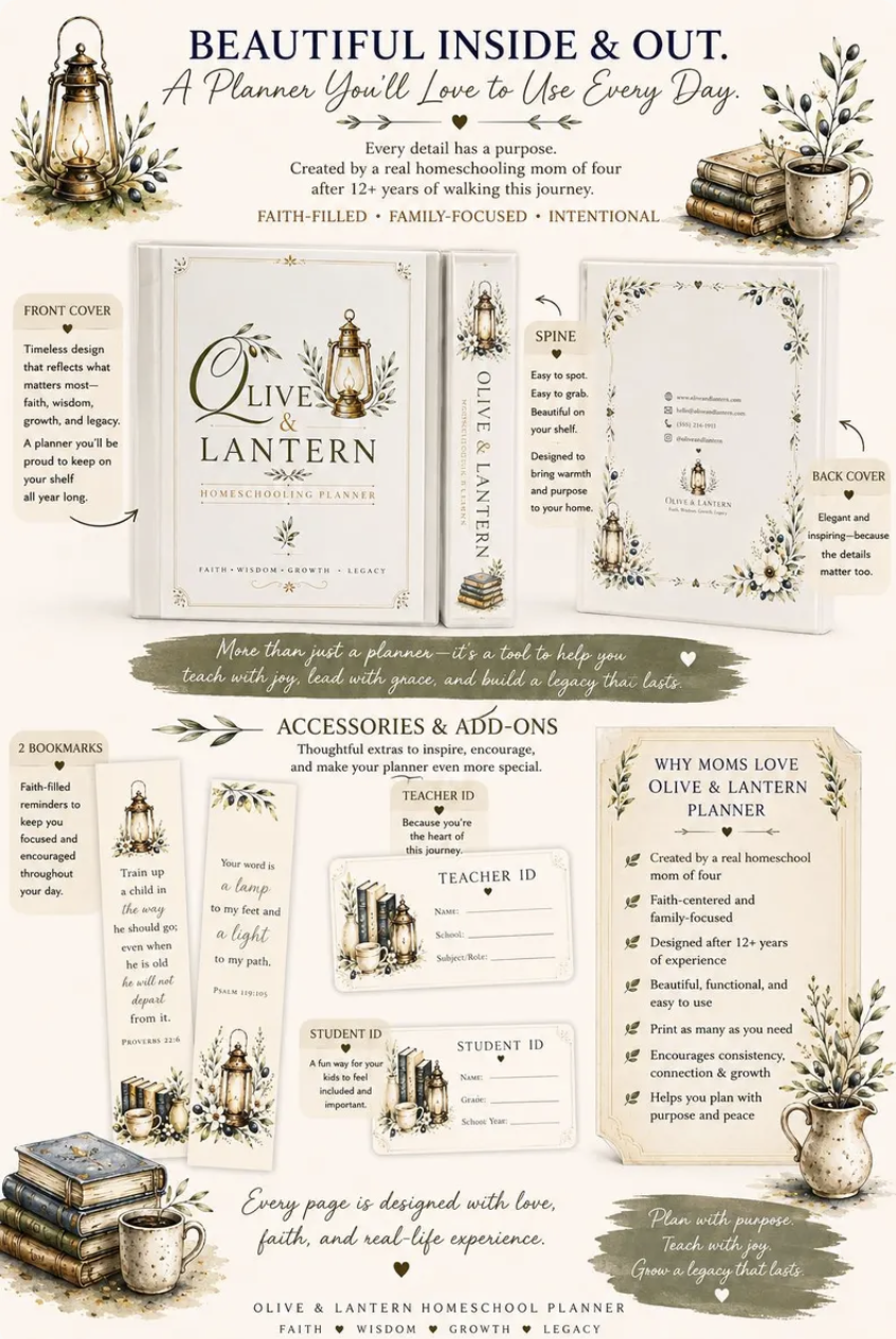 The Olive and Lantern Homeschool Planner with cover, spine, back cover, bookmarks, and ID cards